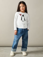 Reiss Ivory Marli 4-9 yrs Cotton Christmas Penguin-Print Logo T-Shirt - Image 1 of 4