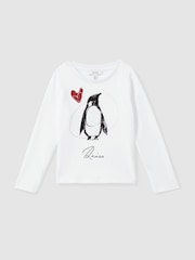 Reiss Ivory Marli 4-9 yrs Cotton Christmas Penguin-Print Logo T-Shirt - Image 2 of 4