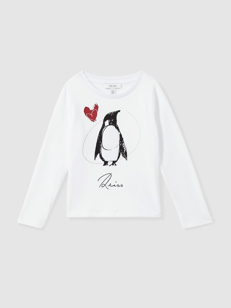 Reiss Ivory Marli 4-9 yrs Cotton Christmas Penguin-Print Logo T-Shirt - Image 2 of 4