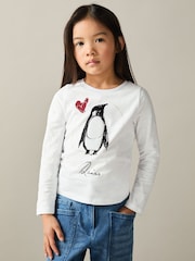 Reiss Ivory Marli 4-9 yrs Cotton Christmas Penguin-Print Logo T-Shirt - Image 3 of 4