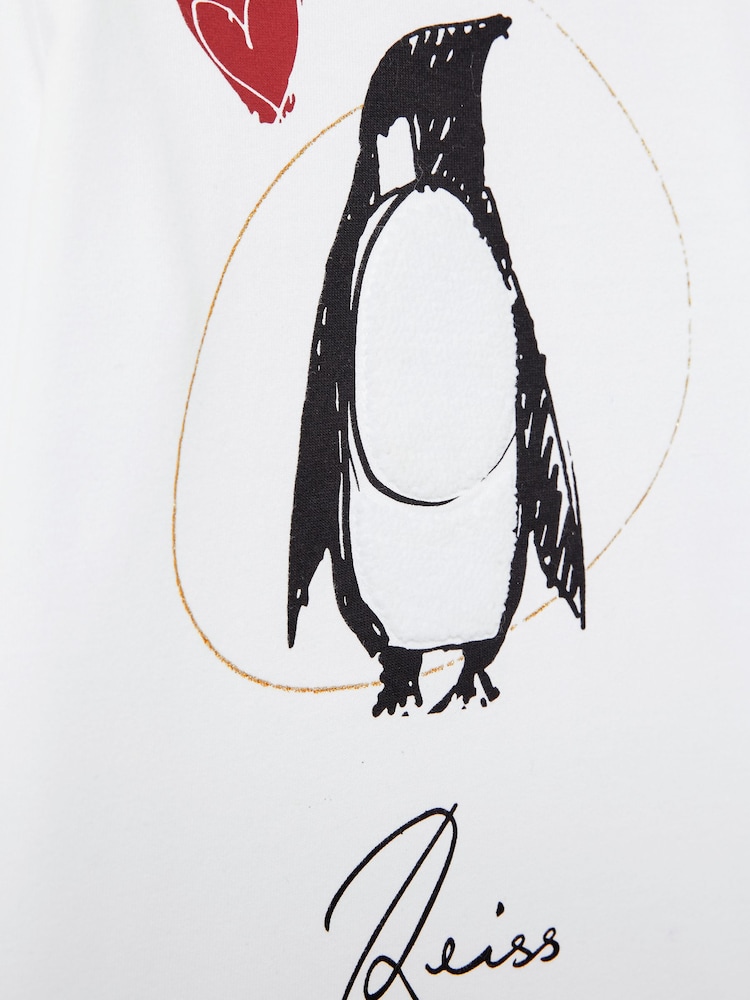Reiss Ivory Marli 4-9 yrs Cotton Christmas Penguin-Print Logo T-Shirt - Image 4 of 4