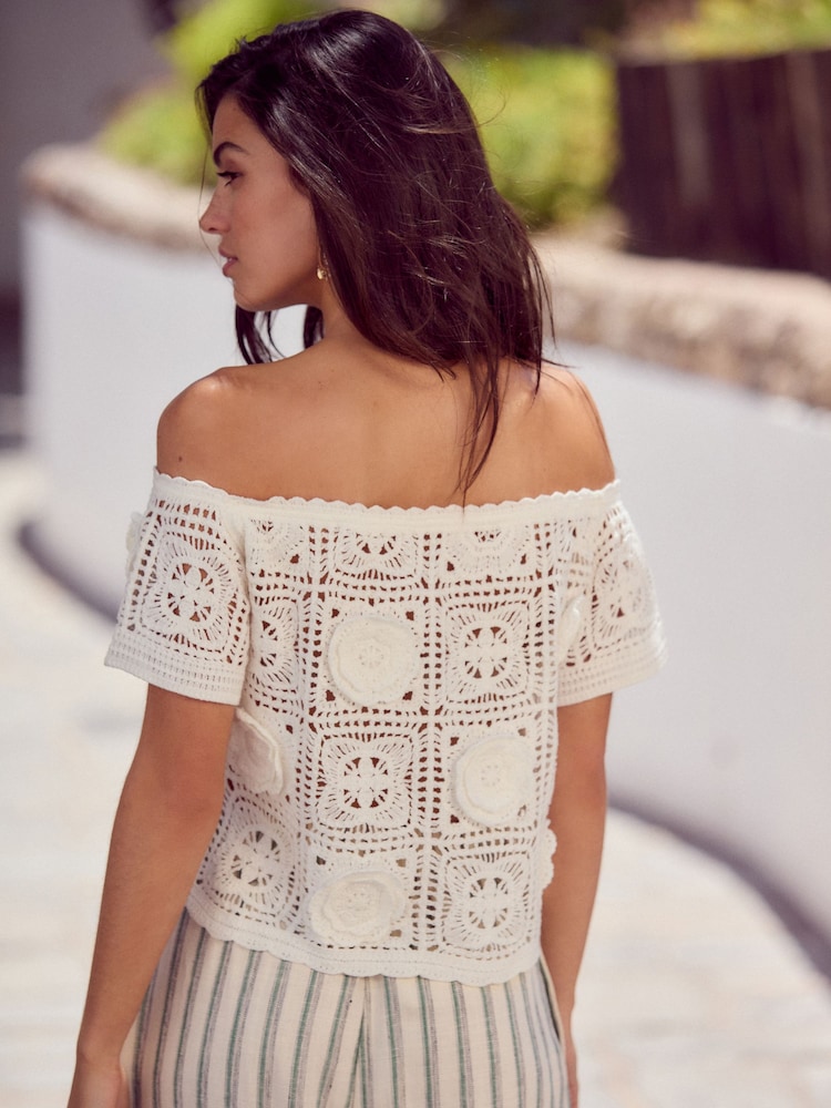 White Ecru Floral Print Crochet Bardot Off Shoulder Top With Cotton - Image 3 of 7