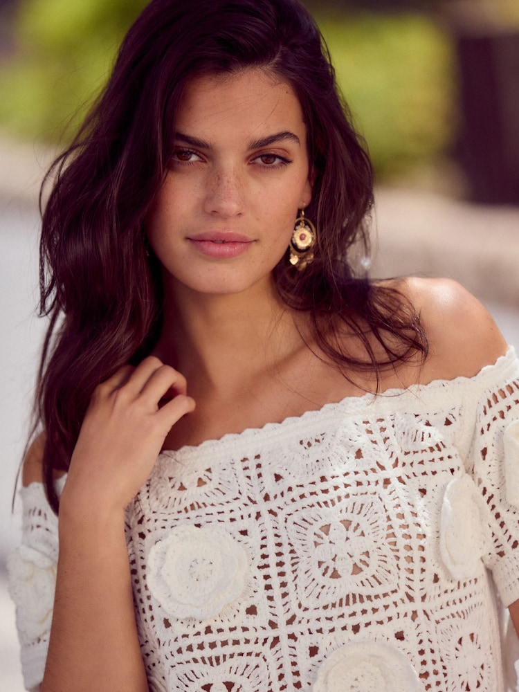 White Ecru Floral Print Crochet Bardot Off Shoulder Top With Cotton - Image 4 of 7