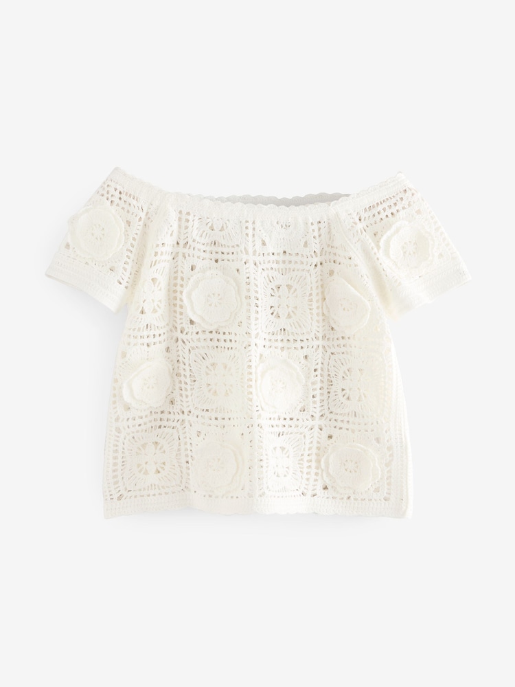 White Ecru Floral Print Crochet Bardot Off Shoulder Top With Cotton - Image 5 of 7