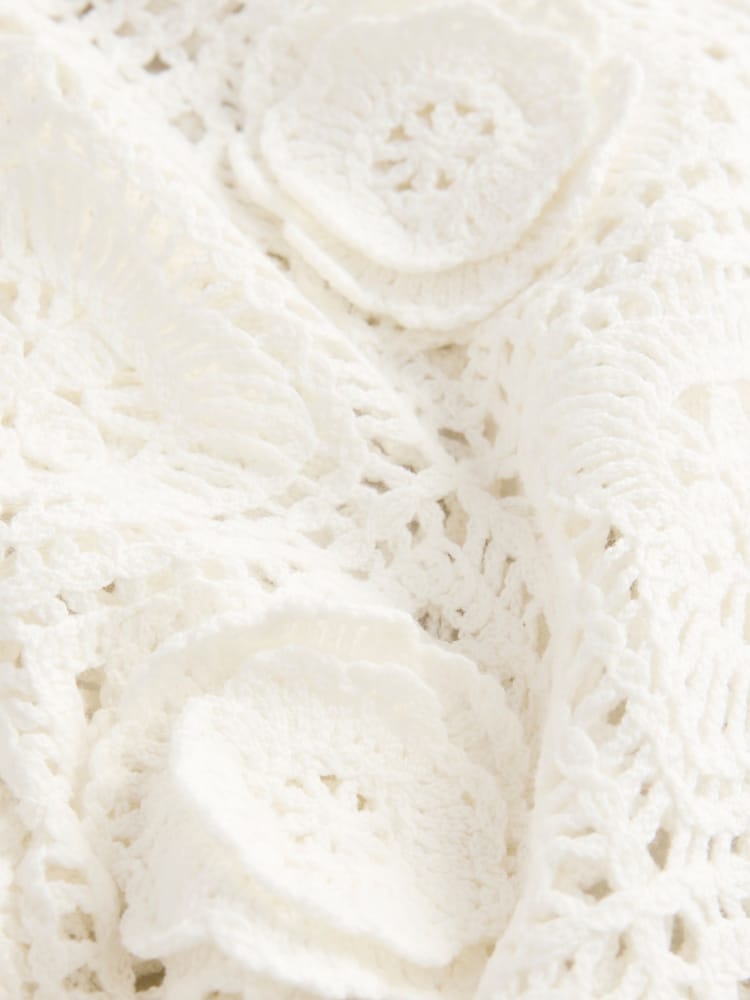 White Ecru Floral Print Crochet Bardot Off Shoulder Top With Cotton - Image 6 of 7