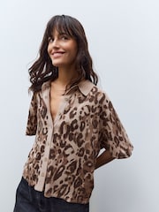 Animal Neutral Knitted Collared Short Sleeve Shirt With Linen - Image 1 of 8