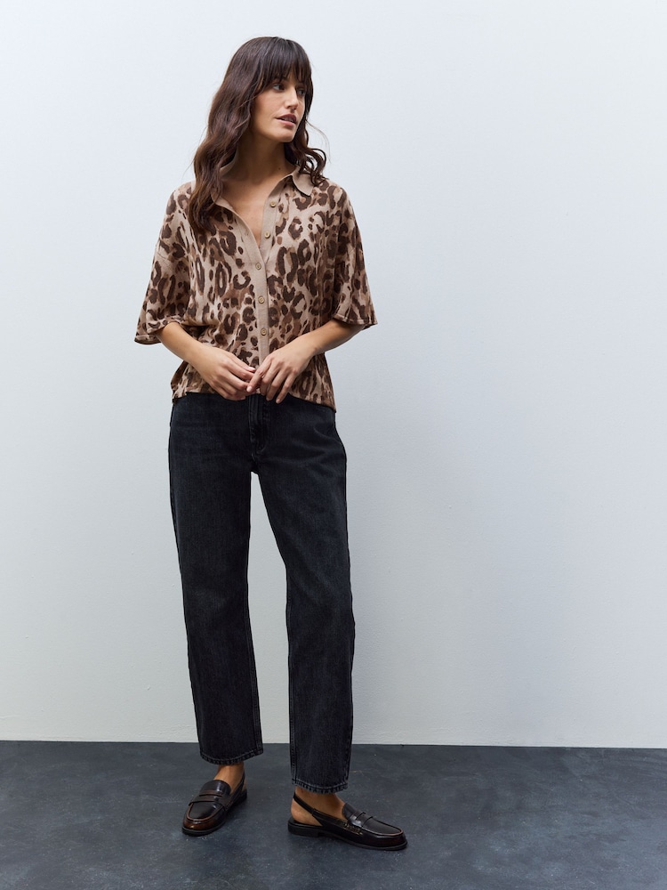 Animal Neutral Knitted Collared Short Sleeve Shirt With Linen - Image 2 of 8