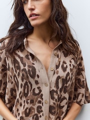 Animal Neutral Knitted Collared Short Sleeve Shirt With Linen - Image 4 of 8
