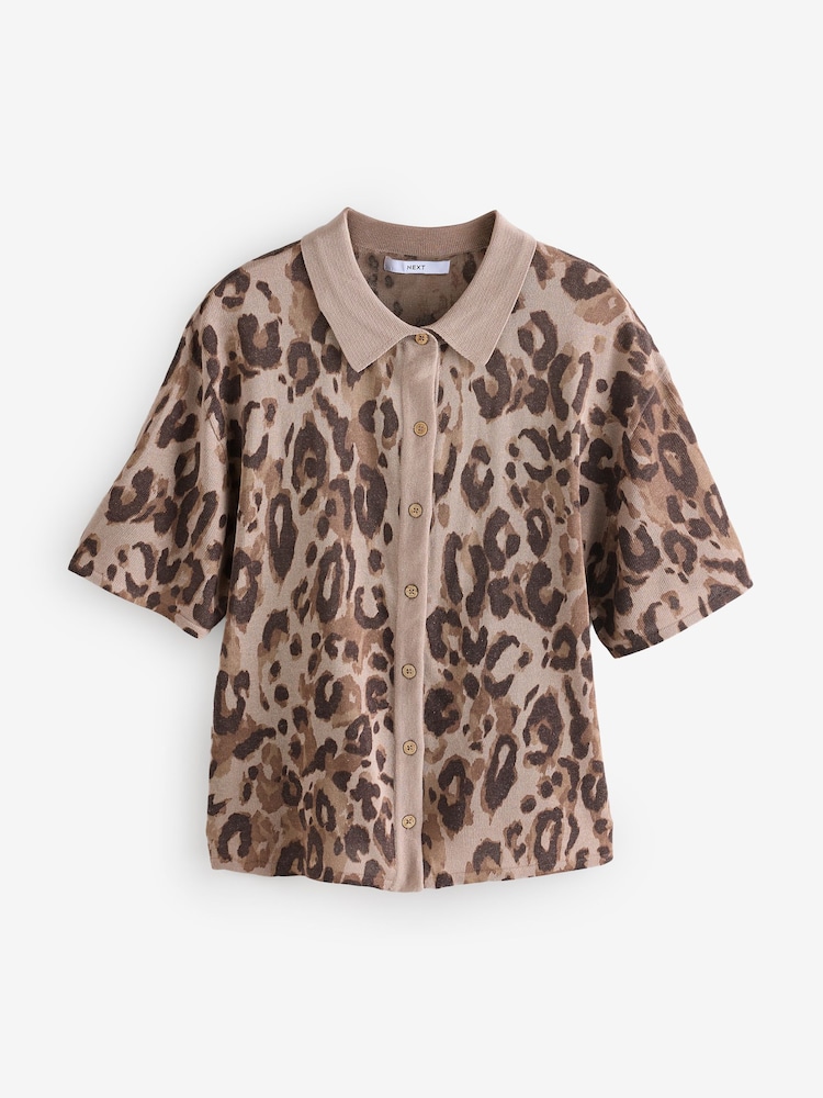 Animal Neutral Knitted Collared Short Sleeve Shirt With Linen - Image 6 of 8