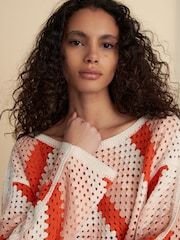 Orange Neutral Square Crochet Long Sleeve Open Neck Jumper with Cotton - Image 2 of 7