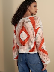 Orange Neutral Square Crochet Long Sleeve Open Neck Jumper with Cotton - Image 3 of 7