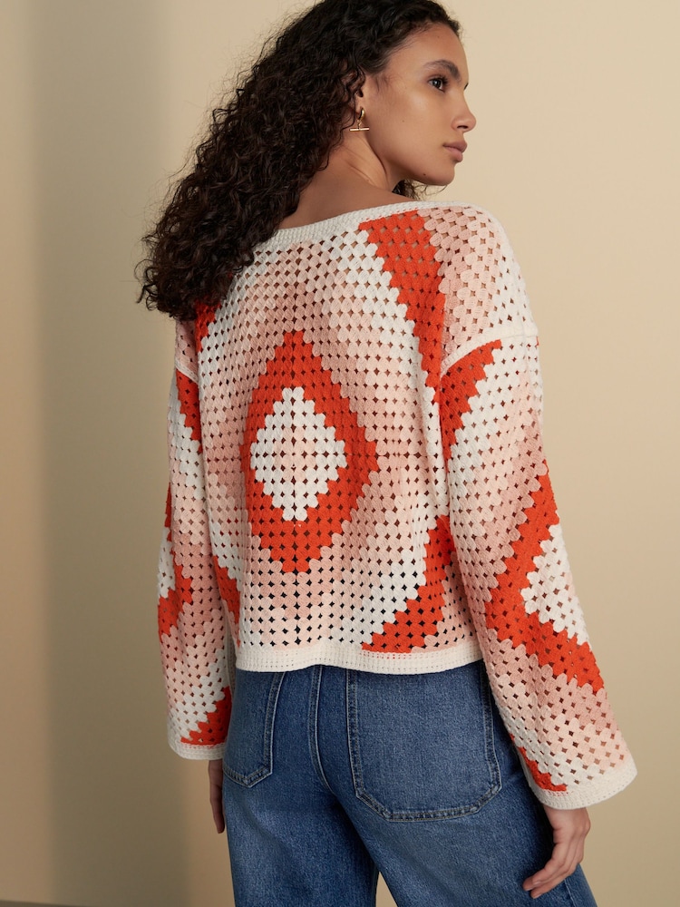 Orange Neutral Square Crochet Long Sleeve Open Neck Jumper with Cotton - Image 3 of 7