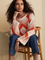 Orange Neutral Square Crochet Long Sleeve Open Neck Jumper with Cotton - Image 4 of 7