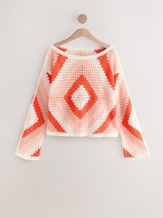 Orange Neutral Square Crochet Long Sleeve Open Neck Jumper with Cotton - Image 5 of 7