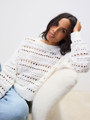 White Ecru 100% Cotton Stitch Long Sleeve Crew Neck Knitted Jumper - Image 1 of 7