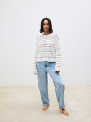 White Ecru 100% Cotton Stitch Long Sleeve Crew Neck Knitted Jumper - Image 2 of 7