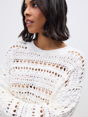 White Ecru 100% Cotton Stitch Long Sleeve Crew Neck Knitted Jumper - Image 4 of 7