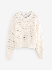 White Ecru 100% Cotton Stitch Long Sleeve Crew Neck Knitted Jumper - Image 5 of 7