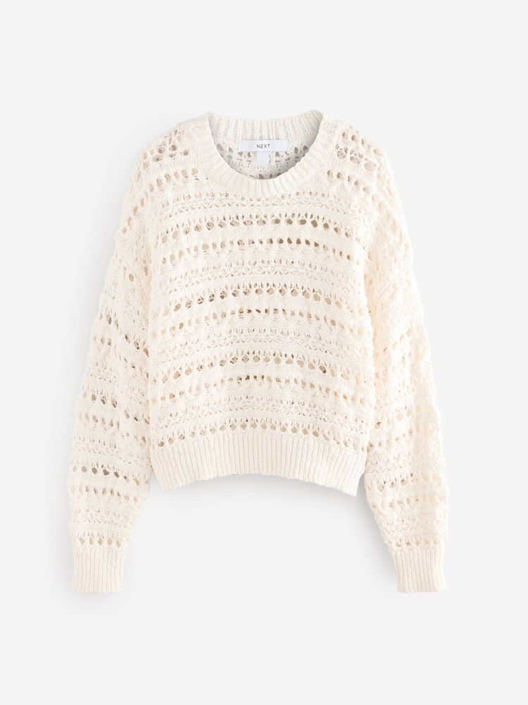 White Ecru 100% Cotton Stitch Long Sleeve Crew Neck Knitted Jumper - Image 5 of 7