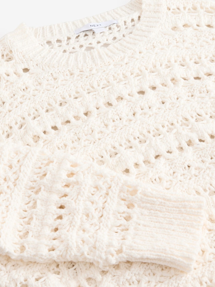 White Ecru 100% Cotton Stitch Long Sleeve Crew Neck Knitted Jumper - Image 7 of 7