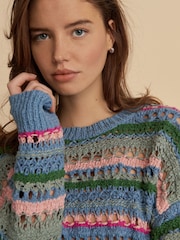 Blue Stripe 100% Cotton Stitch Long Sleeve Crew Neck Knitted Jumper - Image 1 of 7