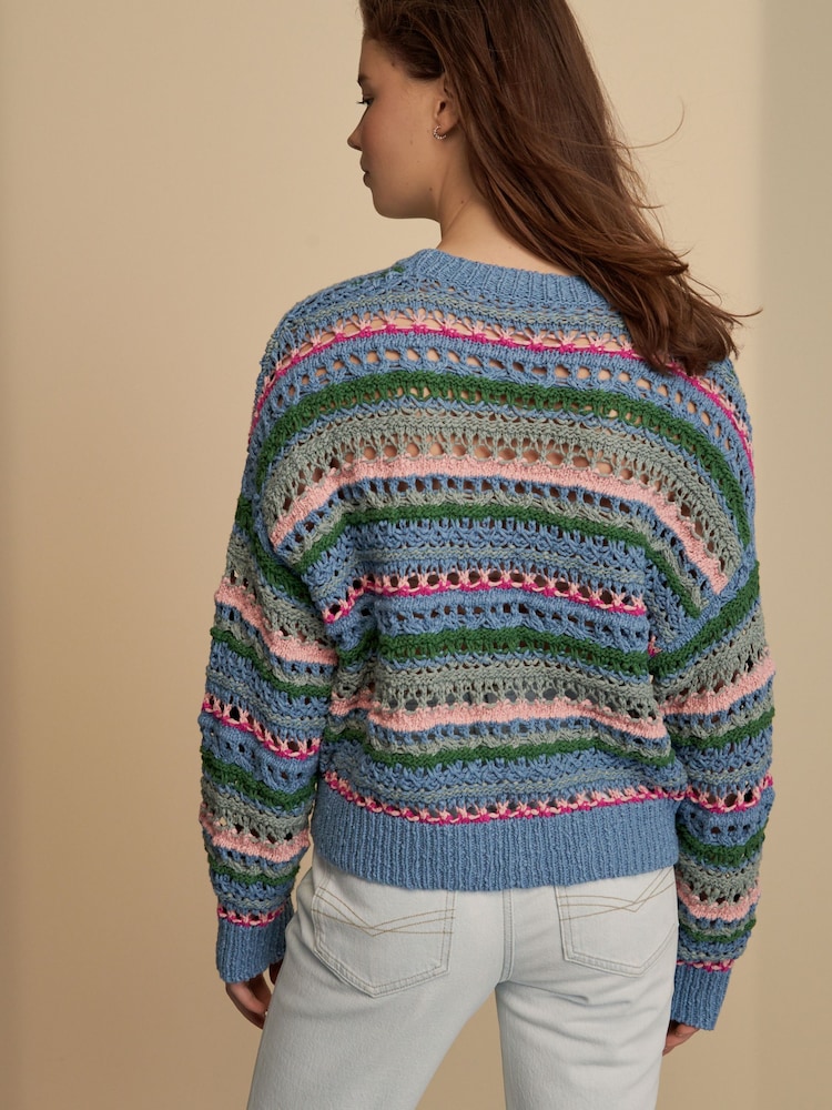 Blue Stripe 100% Cotton Stitch Long Sleeve Crew Neck Knitted Jumper - Image 3 of 7