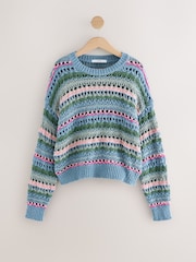 Blue Stripe 100% Cotton Stitch Long Sleeve Crew Neck Knitted Jumper - Image 5 of 7