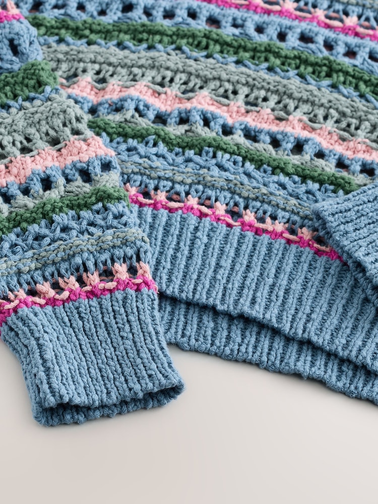Blue Stripe 100% Cotton Stitch Long Sleeve Crew Neck Knitted Jumper - Image 6 of 7