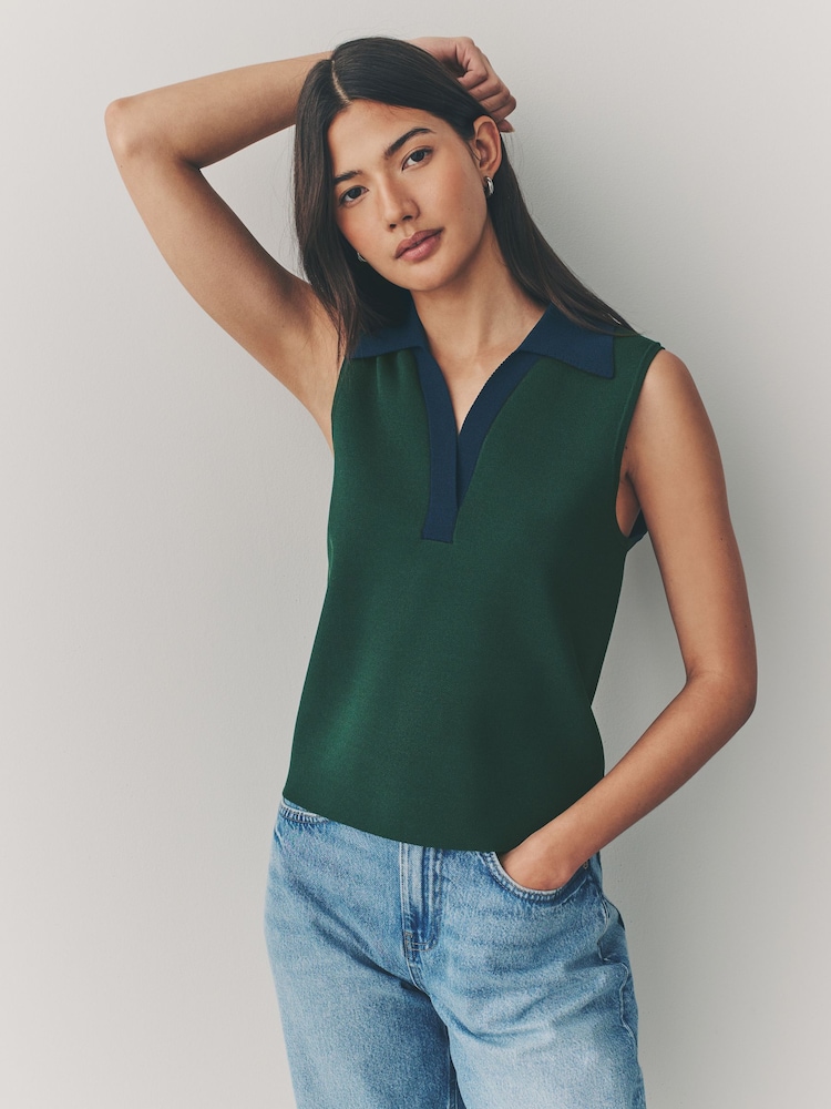 Green Navy Smart Knitted Sleeveless Polo Tank - Image 1 of 7