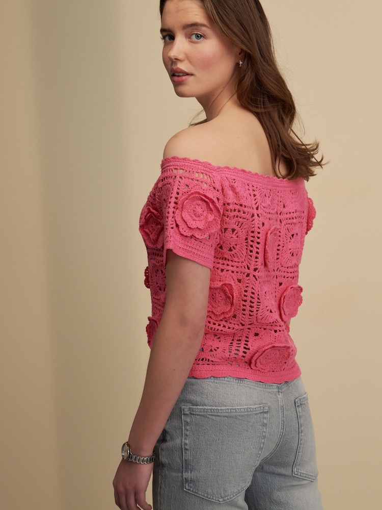 Pink Floral Print Crochet Bardot Off Shoulder Top With Cotton - Image 3 of 6