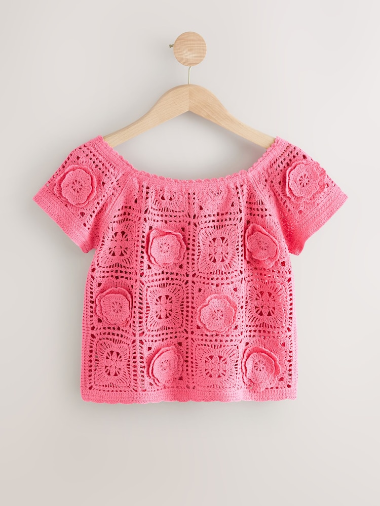 Pink Floral Print Crochet Bardot Off Shoulder Top With Cotton - Image 4 of 6