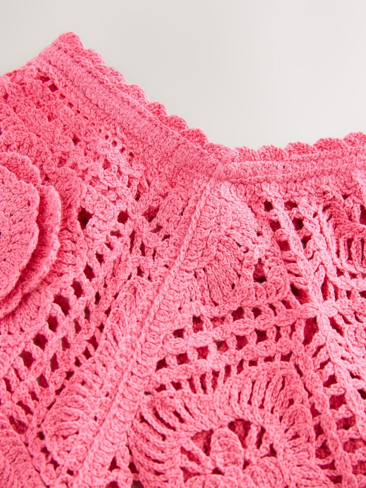 Pink Floral Print Crochet Bardot Off Shoulder Top With Cotton - Image 5 of 6