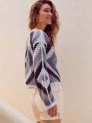 Blue Square Crochet Long Sleeve Open Neck Jumper with Cotton - Image 1 of 7