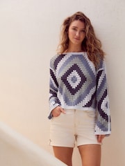 Blue Square Crochet Long Sleeve Open Neck Jumper with Cotton - Image 2 of 7