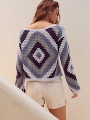Blue Square Crochet Long Sleeve Open Neck Jumper with Cotton - Image 3 of 7
