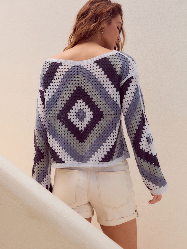 Blue Square Crochet Long Sleeve Open Neck Jumper with Cotton - Image 3 of 7