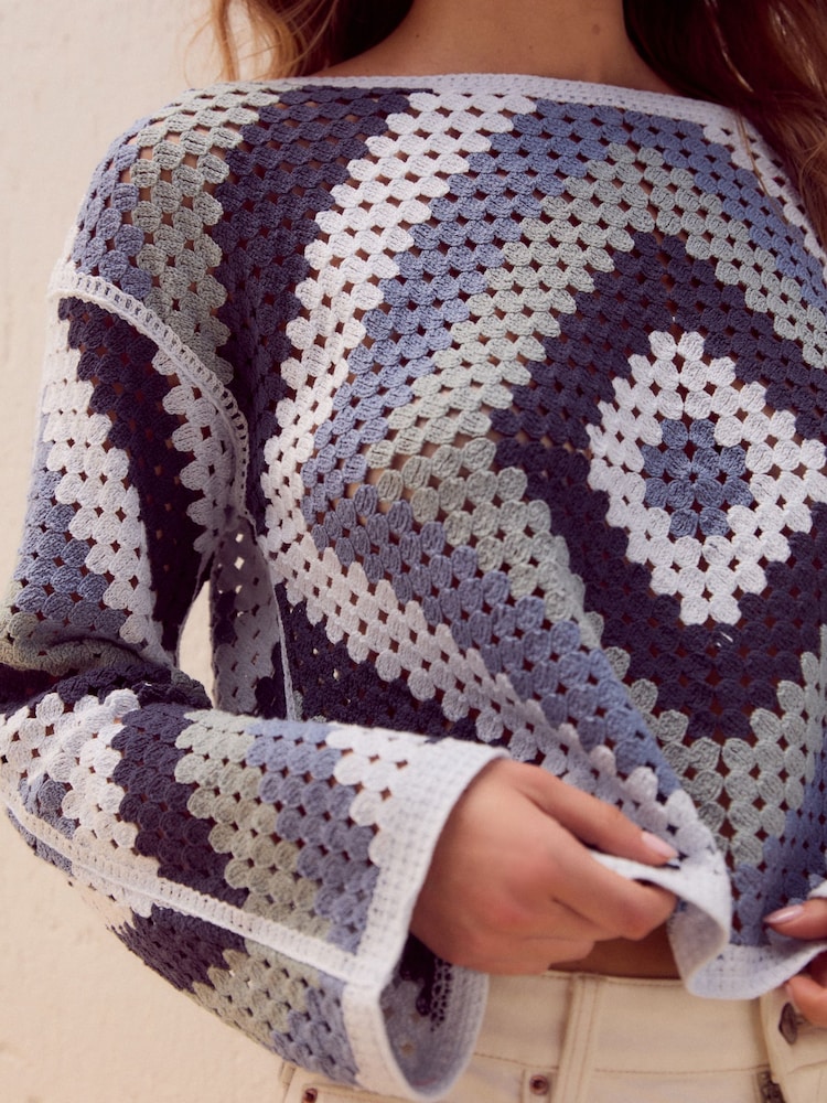 Blue Square Crochet Long Sleeve Open Neck Jumper with Cotton - Image 4 of 7