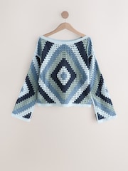 Blue Square Crochet Long Sleeve Open Neck Jumper with Cotton - Image 5 of 7