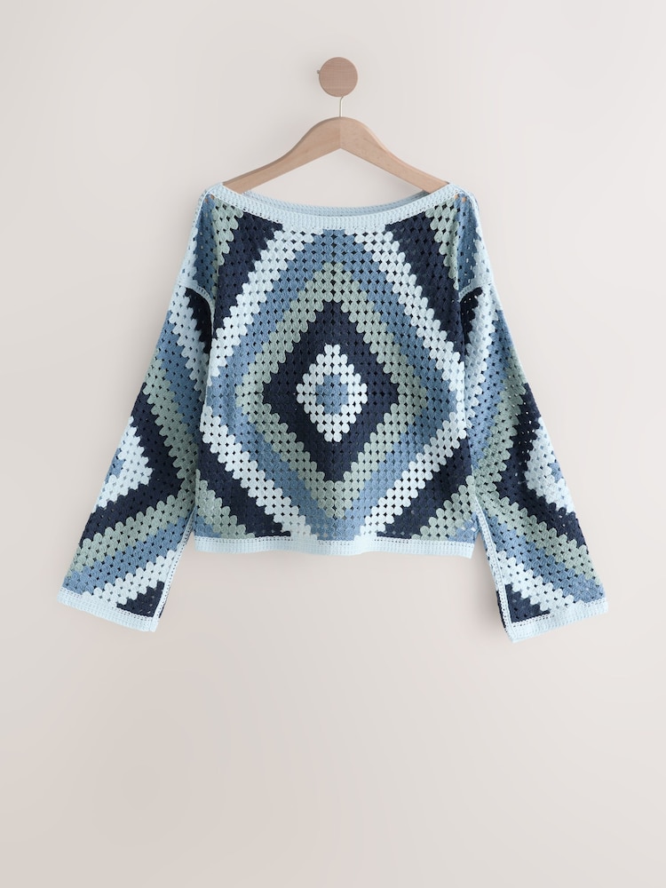 Blue Square Crochet Long Sleeve Open Neck Jumper with Cotton - Image 5 of 7