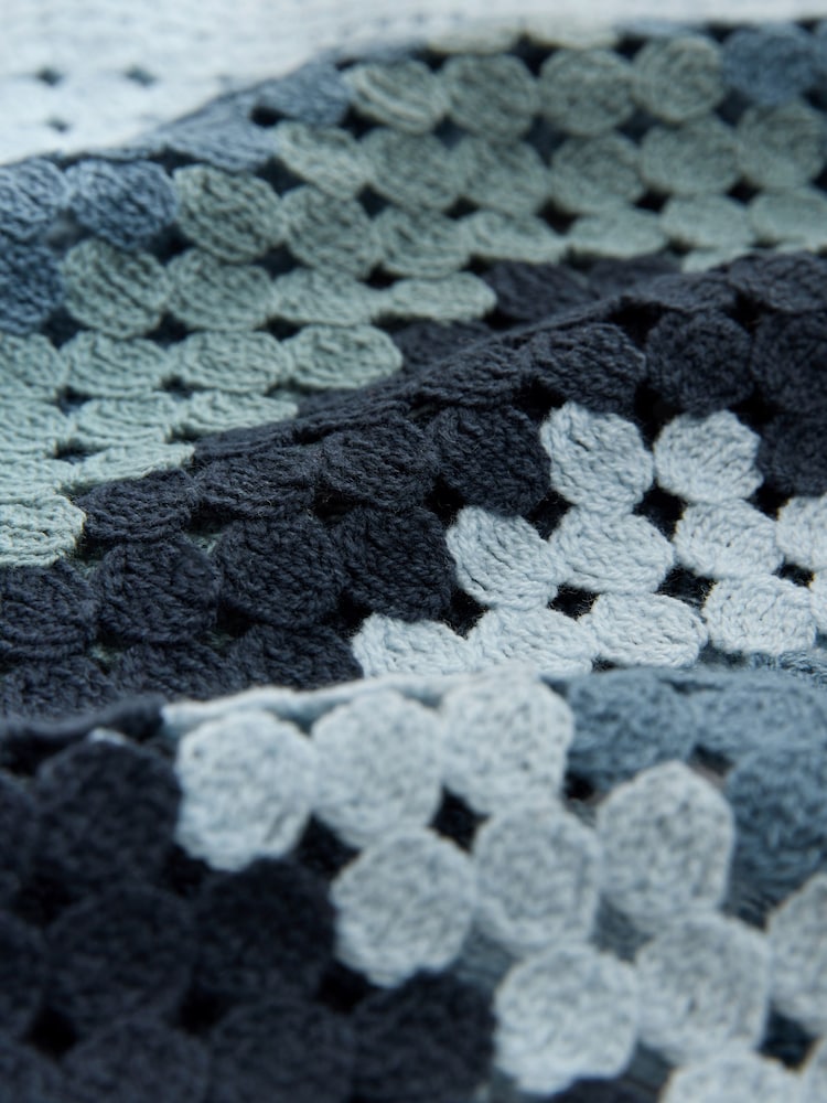 Blue Square Crochet Long Sleeve Open Neck Jumper with Cotton - Image 6 of 7
