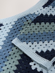 Blue Square Crochet Long Sleeve Open Neck Jumper with Cotton - Image 7 of 7
