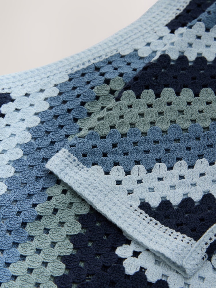 Blue Square Crochet Long Sleeve Open Neck Jumper with Cotton - Image 7 of 7
