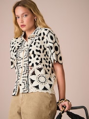 Black White 100% Cotton Floral Crochet Shirt - Image 2 of 8