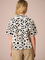 Black White 100% Cotton Floral Crochet Shirt - Image 3 of 8