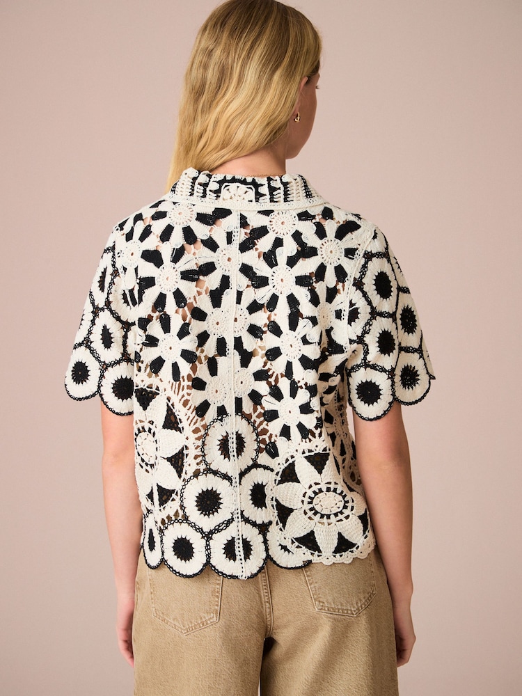 Black White 100% Cotton Floral Crochet Shirt - Image 3 of 8
