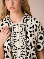 Black White 100% Cotton Floral Crochet Shirt - Image 4 of 8