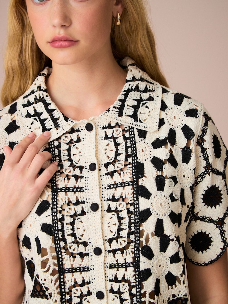 Black White 100% Cotton Floral Crochet Shirt - Image 4 of 8