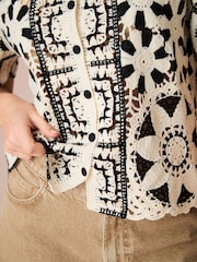 Black White 100% Cotton Floral Crochet Shirt - Image 5 of 8