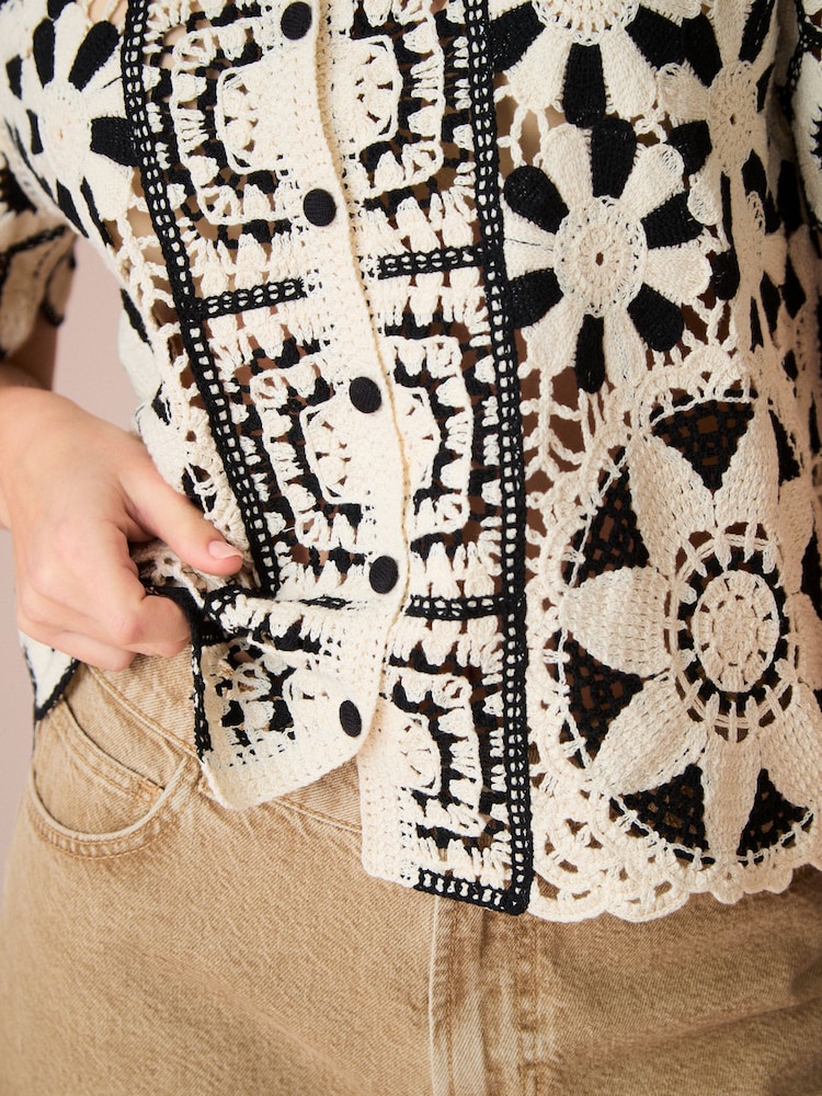 Black White 100% Cotton Floral Crochet Shirt - Image 5 of 8