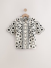 Black White 100% Cotton Floral Crochet Shirt - Image 6 of 8